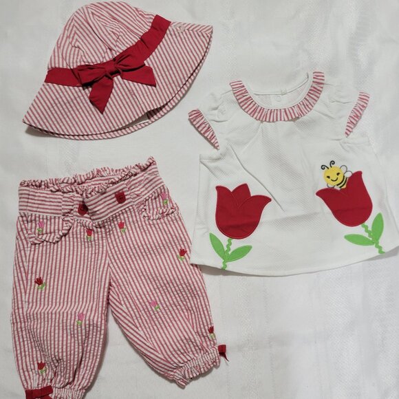 Gymboree Too Cute Tulip NWT 0-3 month top, VGUC pants, 3-6 month hat set. Mixed - Picture 2 of 5